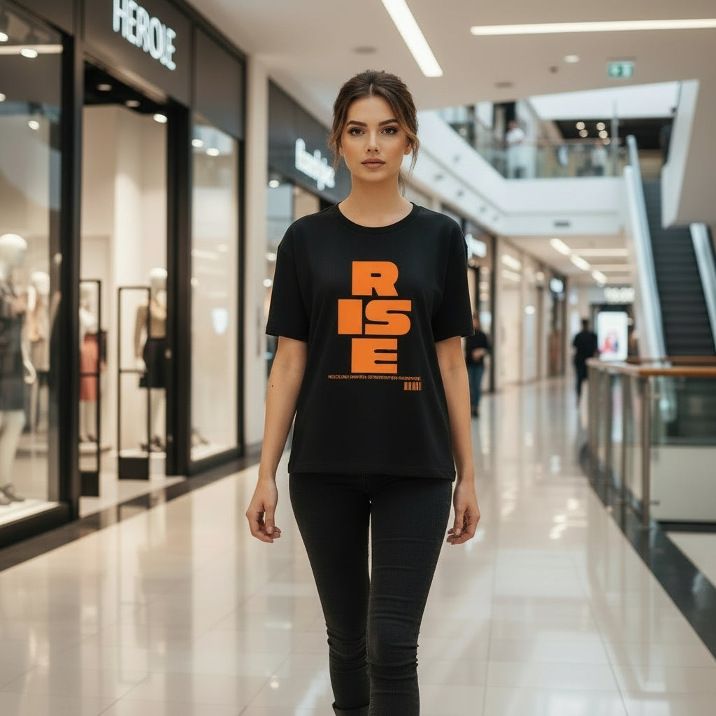 rise orange and black on model in mall