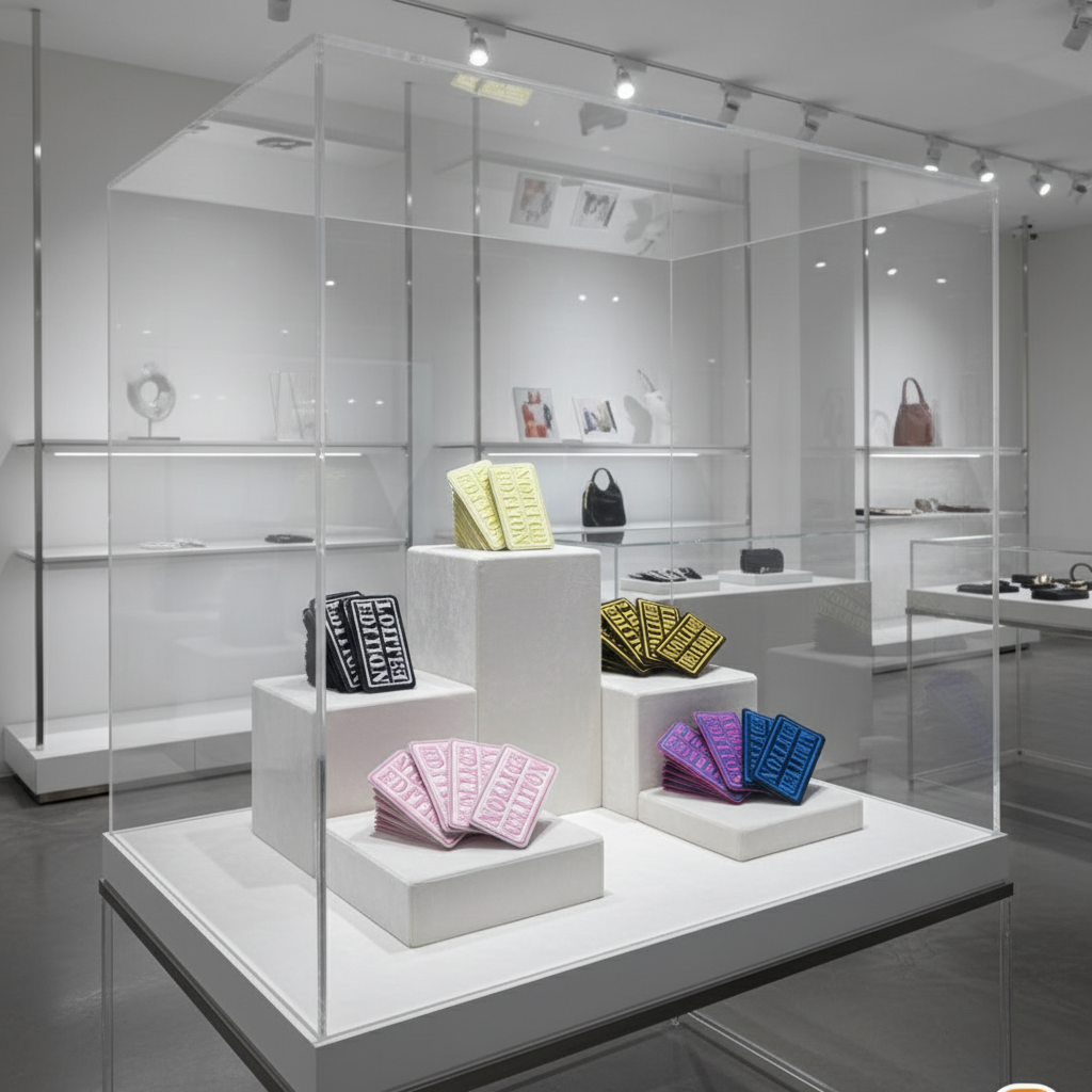 Collection of limited edition patches arranged in a circular pattern on a white background.