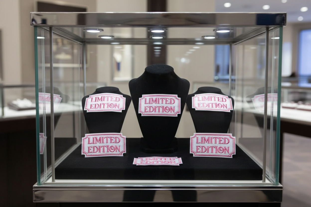 Four 'LIMITED EDITION' patches on a gray background