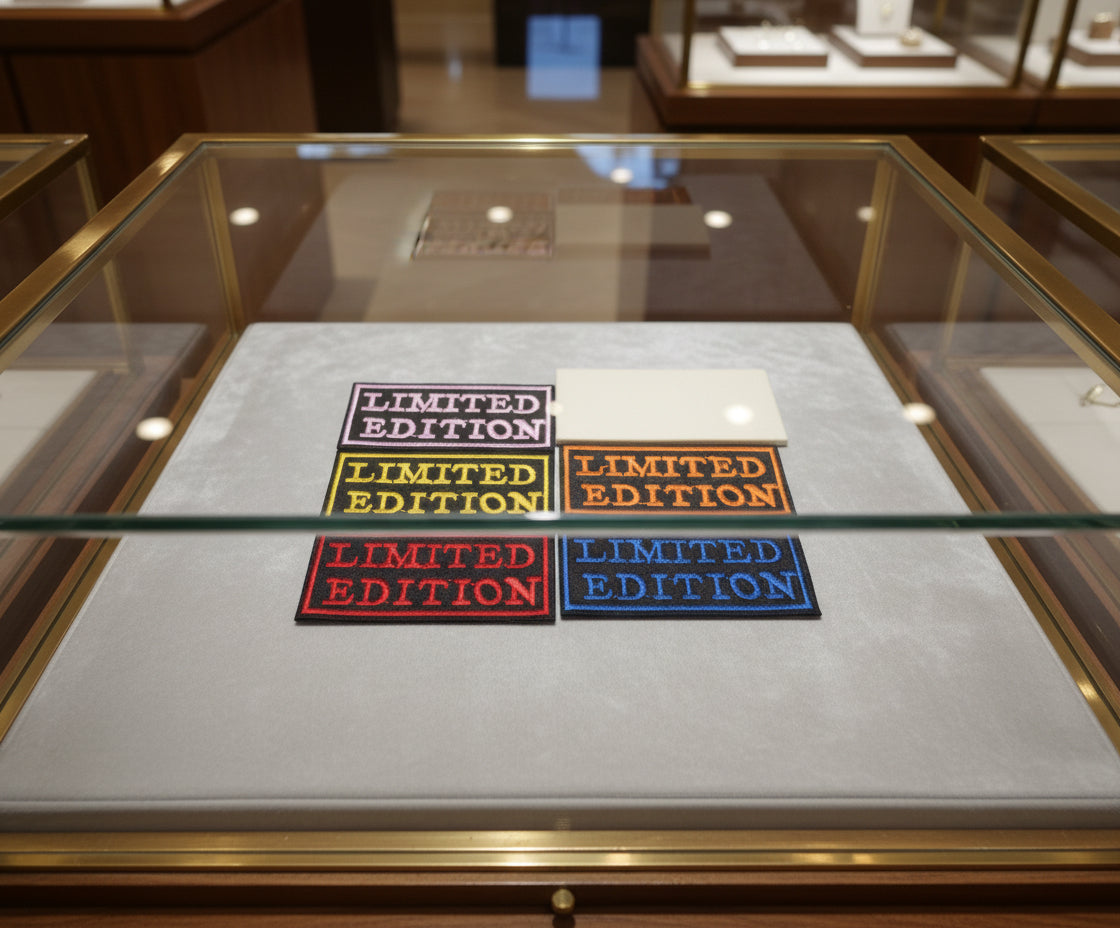 Five 'LIMITED EDITION' patches in different colors on a white background