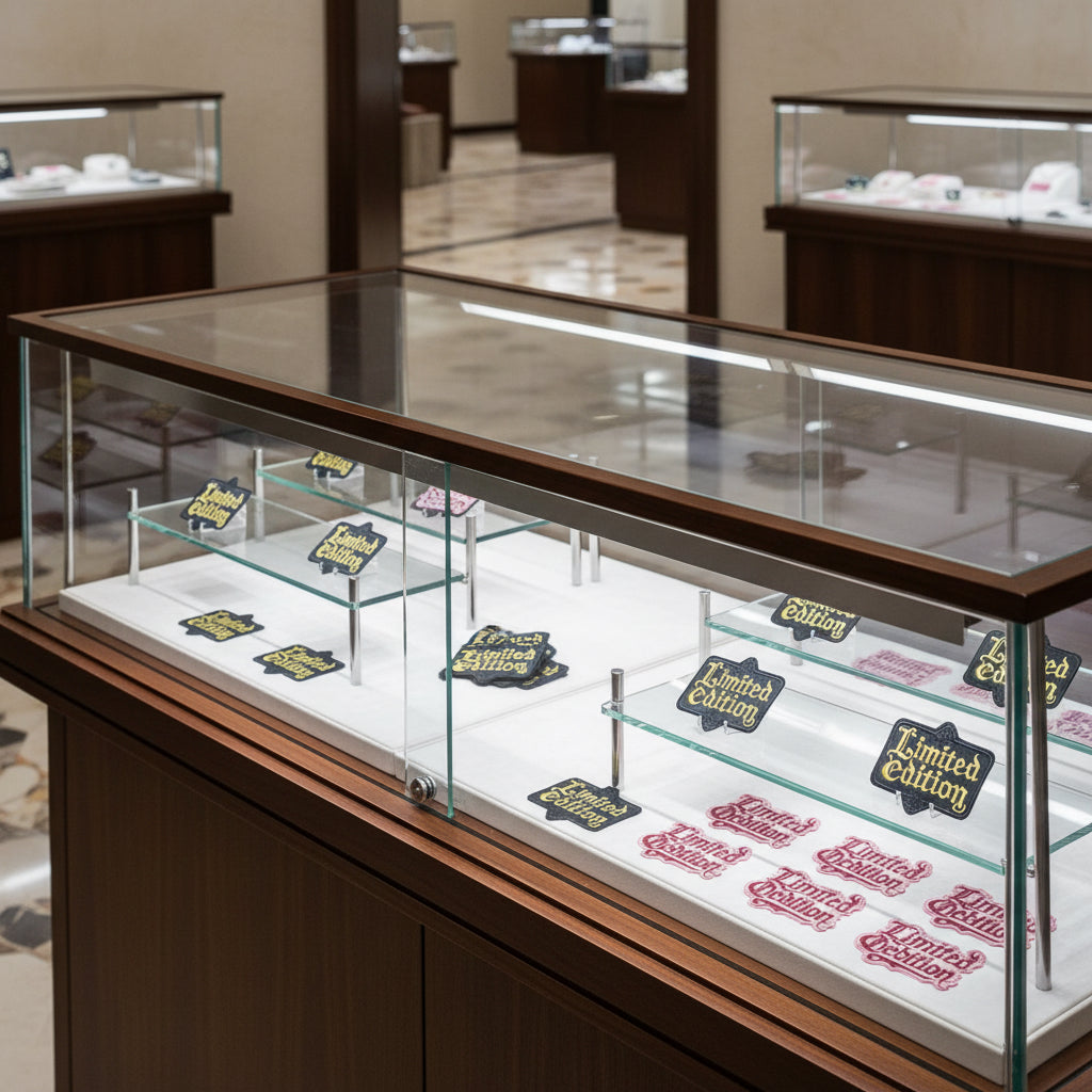 Four 'Limited Edition' patches in different colors on a textured white background