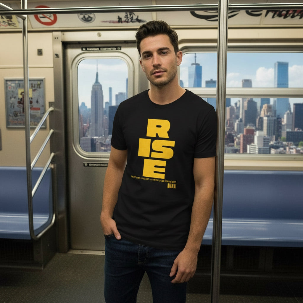 Orange background with black 'RISE' text and subtitle on a product packaging.