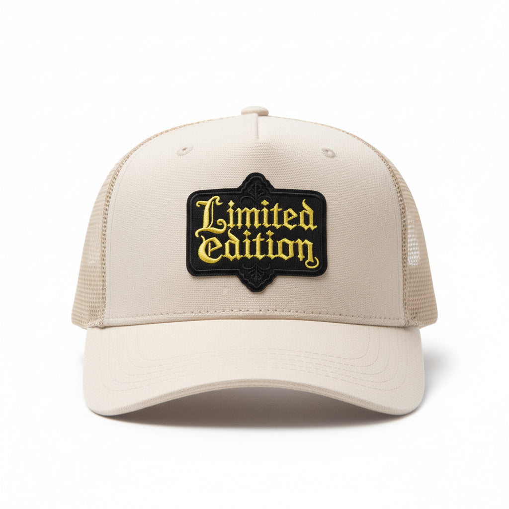 Four 'Limited Edition' patches in different colors on a textured white background