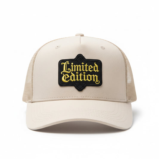 Four 'Limited Edition' patches in different colors on a textured white background