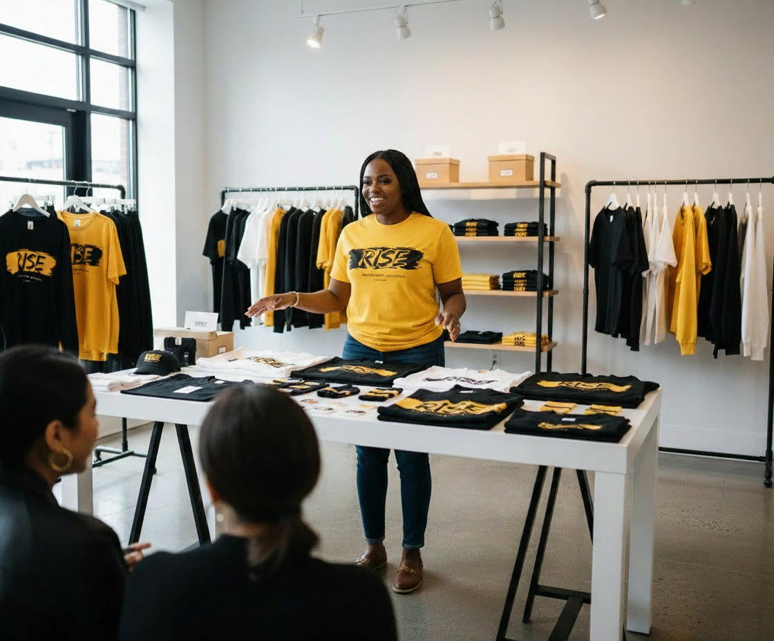 Yellow 'RISE' logo on a black background with text 'STATEMENT CLOTHING EST 2025'.