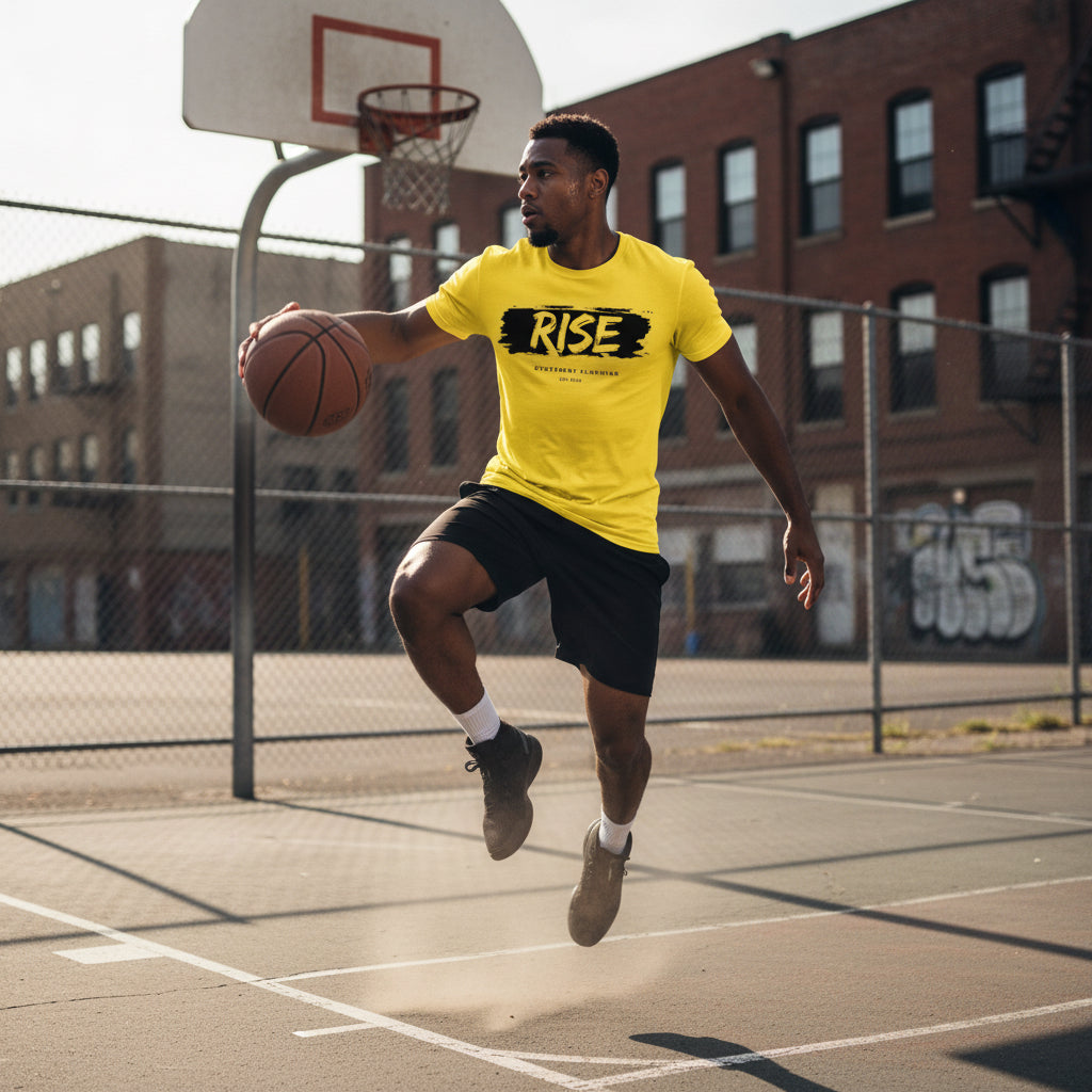 Yellow background with 'RISE' text and 'Statement Clothing' text on a yellow background