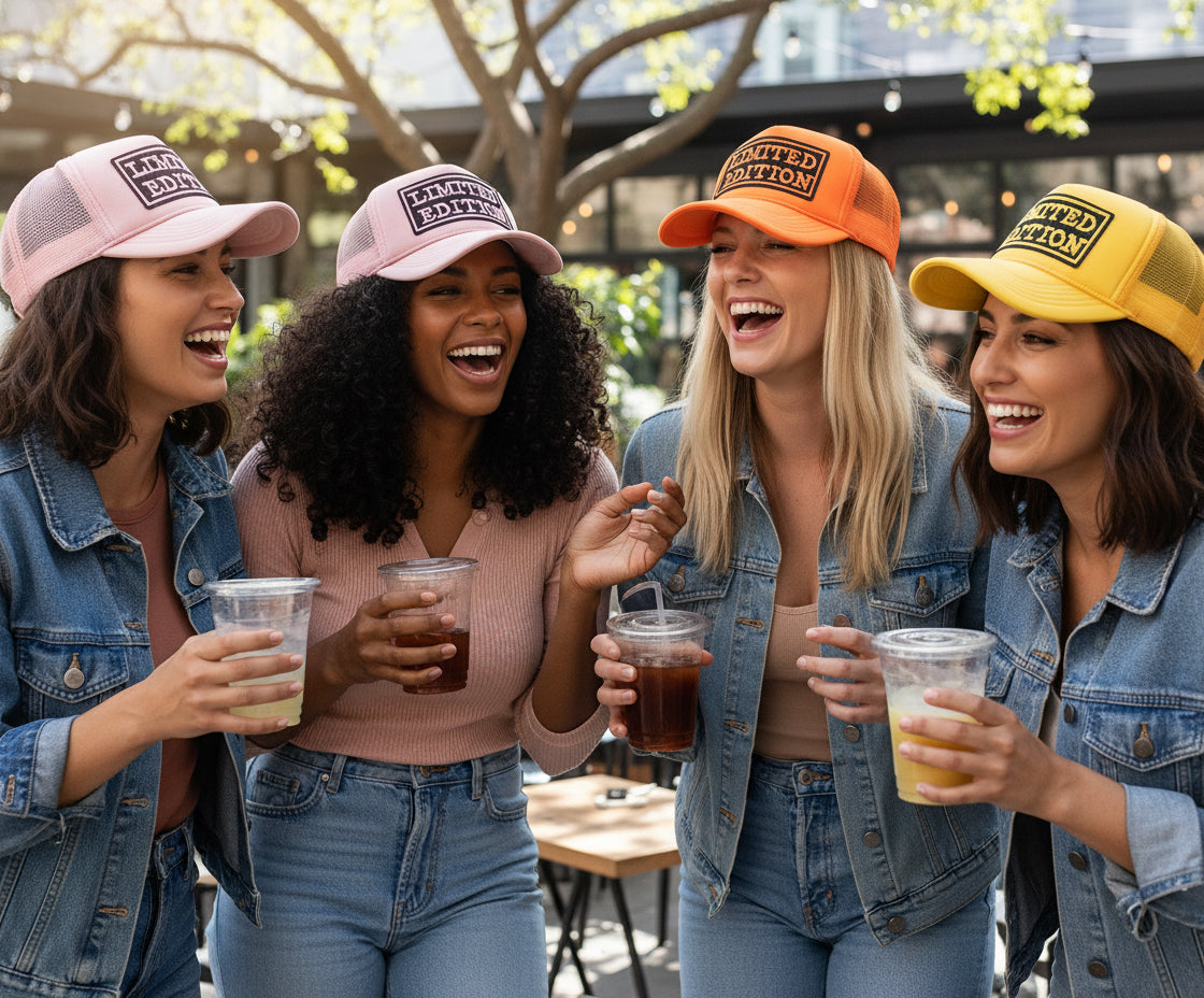 Four women wearing branded hats and drinking from cups outdoors.