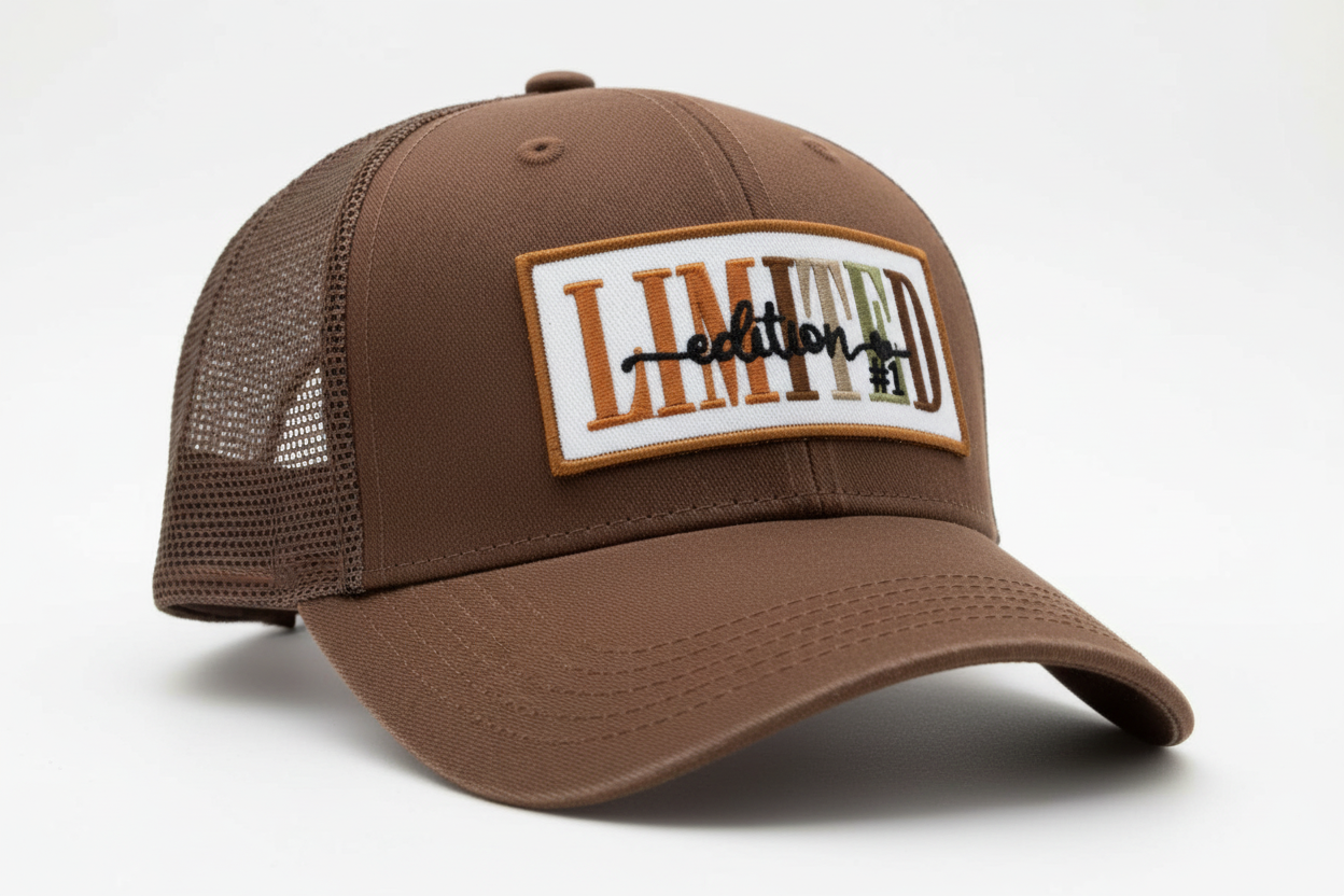limited edition patch on brown hat 