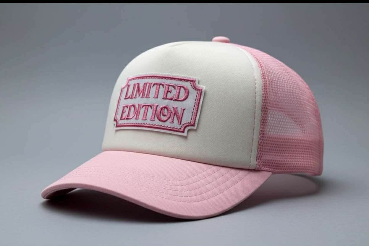 Pink and white cap with 'Limited Edition' text on a gray background