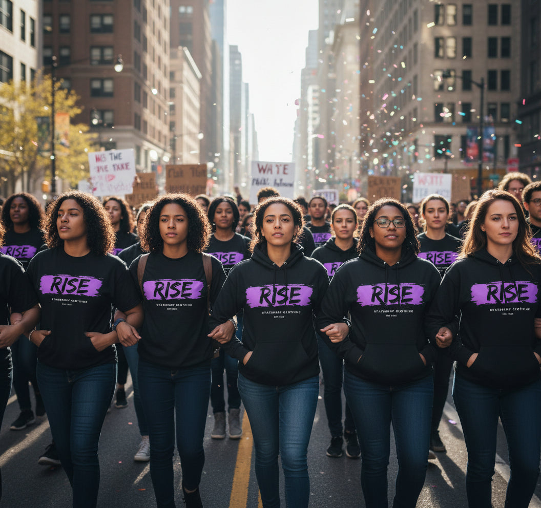 Purple 'RISE' logo on a black background with text 'STATEMENT CLOTHING EST 2025'.