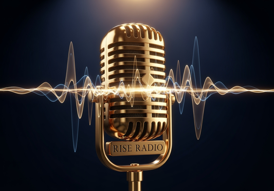 Gold microphone with 'Rise Radio' branding and sound waves on a dark background