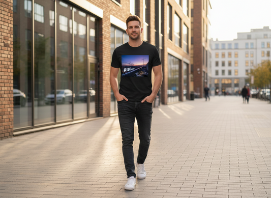 Neon 'RISE RADIO' sign on a rooftop with cityscape at dusk