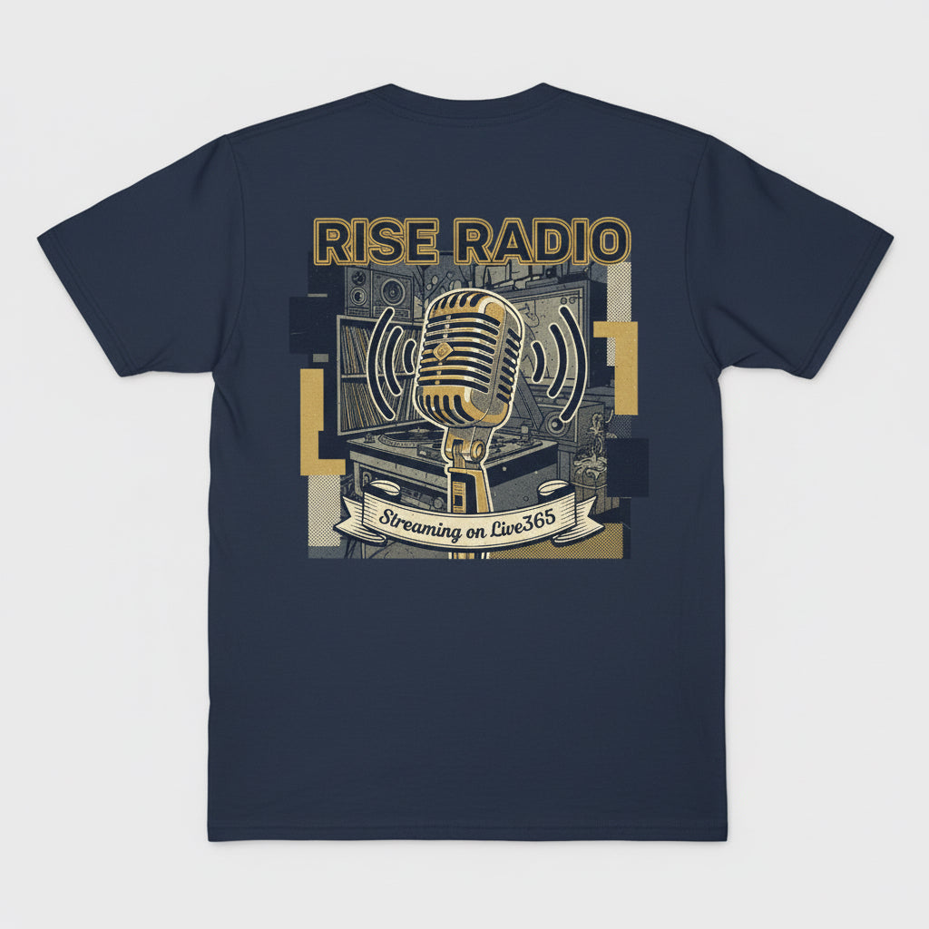 Vintage-style illustration of a microphone with 'Rise Radio' branding and text about streaming on Live365.